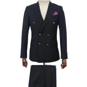 Men’s Dark Navy Double-Breasted Suit – 2-Piece Formal Set with Dress Pants, Wedding Business Wear